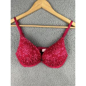 NEW Victoria's Secret Push-Up Pigeonnant Bra 32D Dark Pink Red Laced Floral